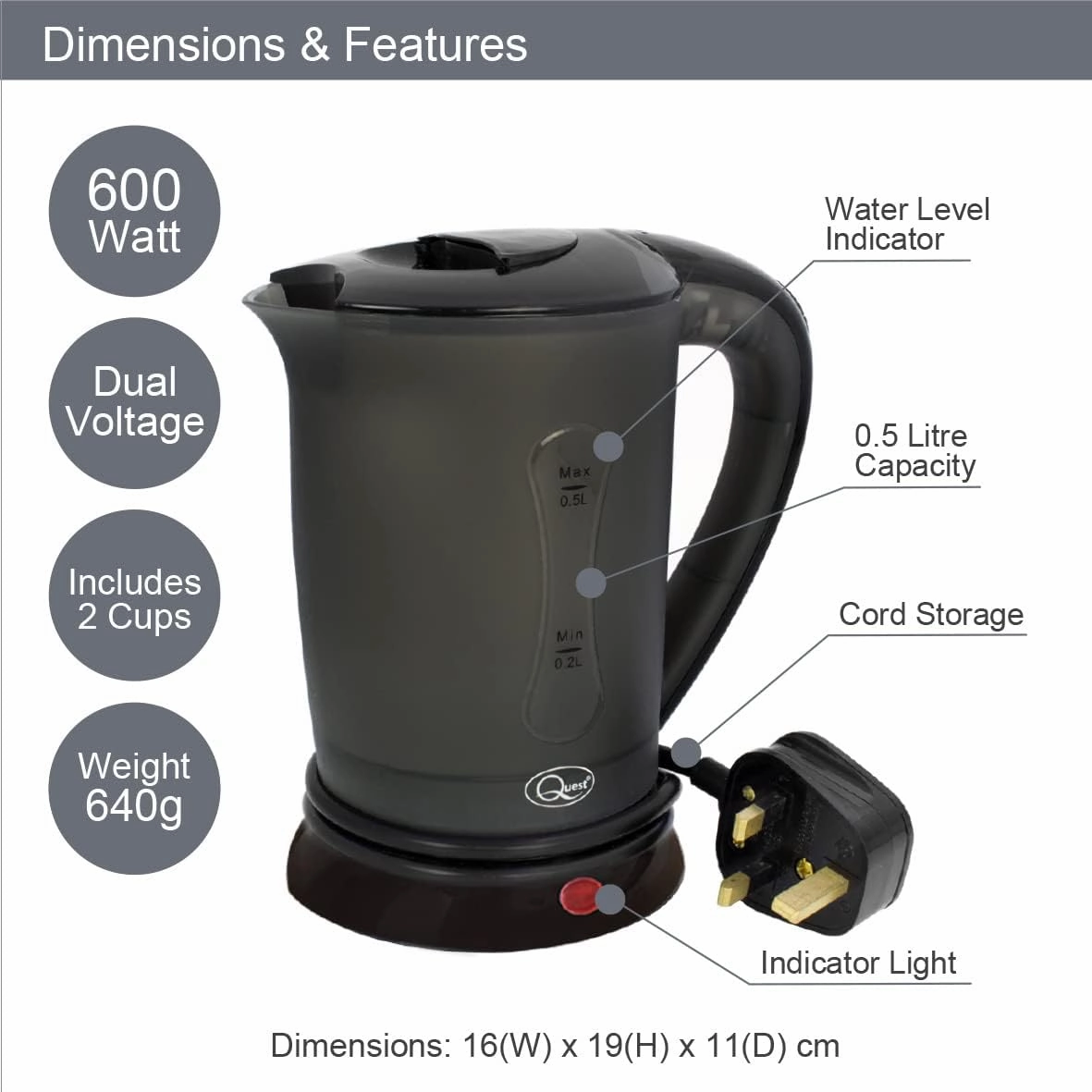 Quest 600w Low Wattage Travel Kettle