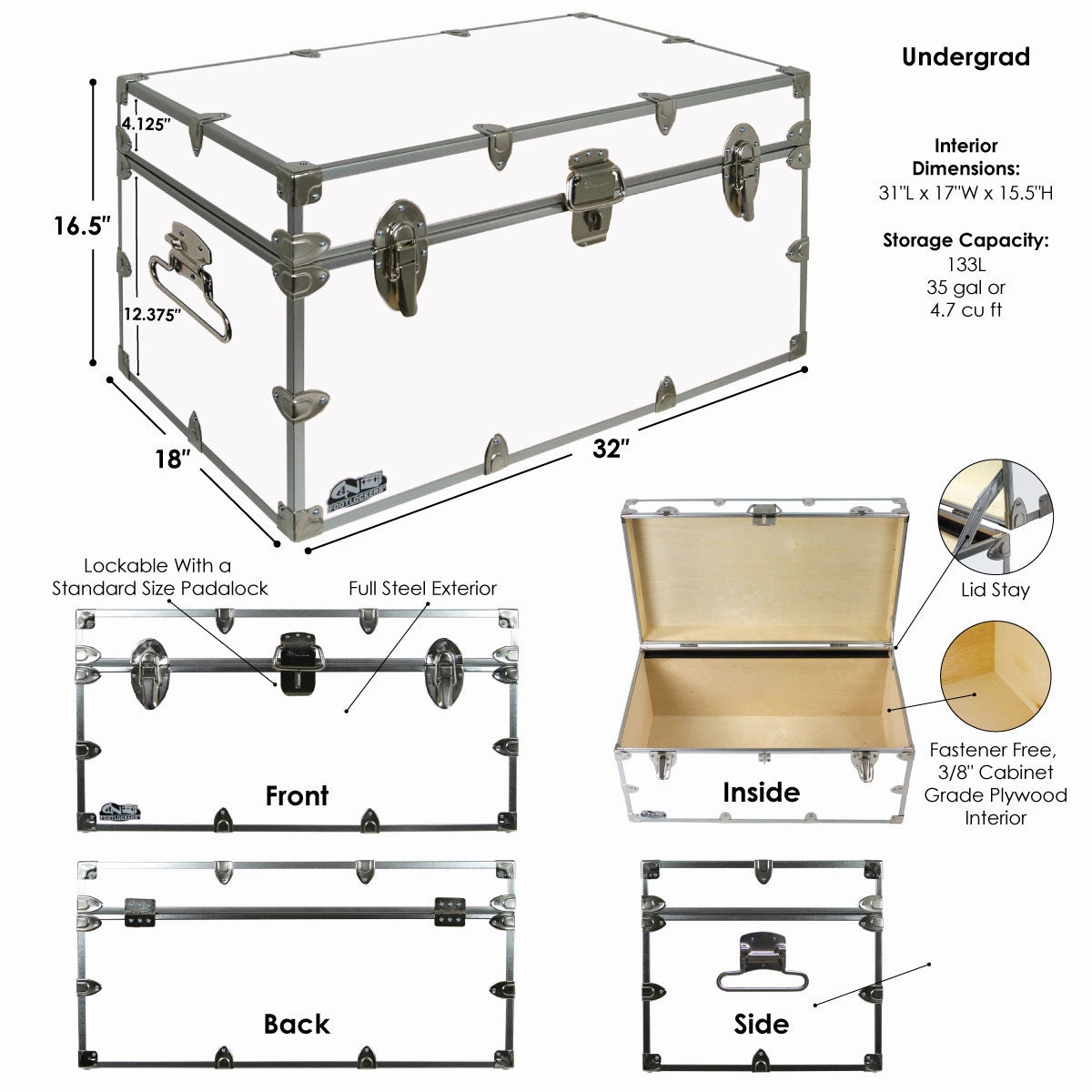 UnderGrad Steel Footlocker Trunk 32x18x16.5"